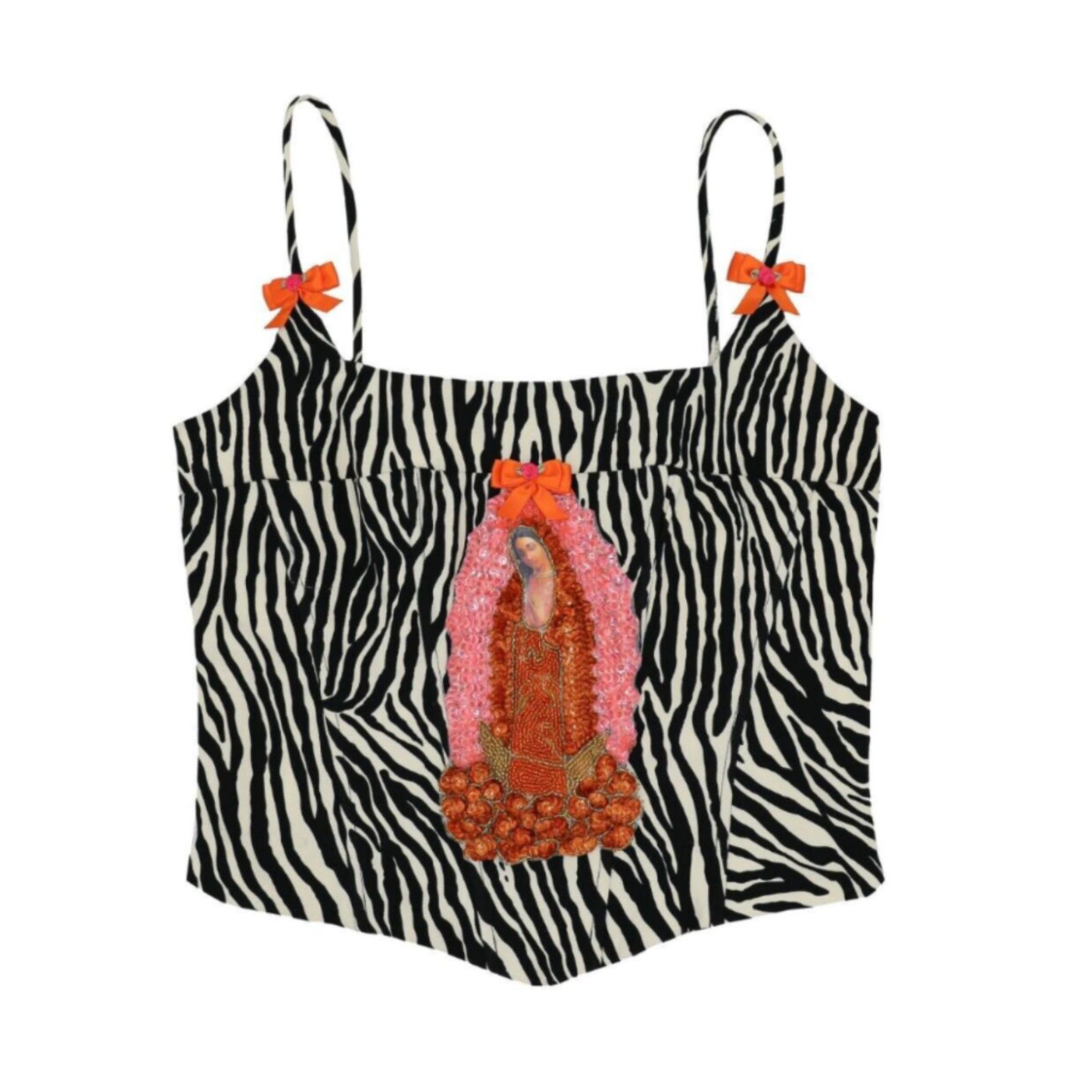Zebra Print Cami Top Sequin Beaded Bow Straps Y2k Festival Rave Womens Size M